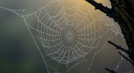 A dewdrop-laden cobweb stretches between tree branches, an ephemeral masterpiece sculpted by nature’s unseen hand.