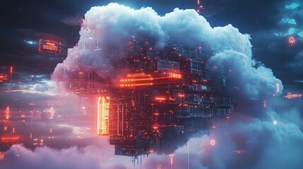 Poster - Futuristic server structure glowing with neon lights, floating in a cloudy night sky, symbolizes cloud computing and cyber security in a digital world