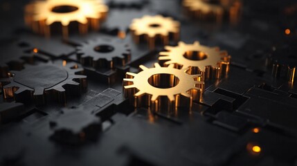 Poster - Close-up of intricate metallic gears interlocking on a dark surface with glowing accents