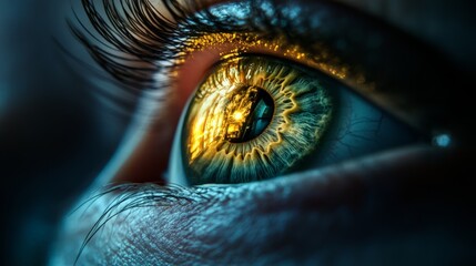 Poster - Close up of a human eye reflecting a vibrant cityscape at sunset, highlighting intricate iris details and symbolizing the connection between vision and urban life
