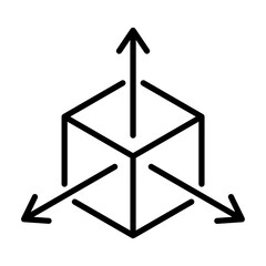 Black single isometric cube with axes line icon, simple tridimensional coordinate Spaces flat design pictogram vector for app ads web banner ui ux interface element isolated on white background