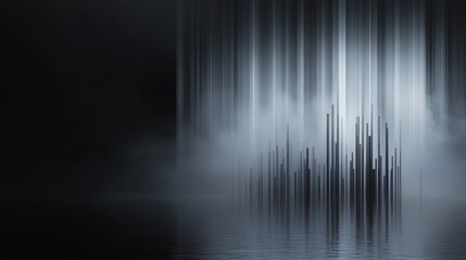 Poster - Abstract representation of vertical lines emerging from a misty surface in a dark environment