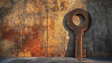 Poster - Rusty key sculpture against a textured wall, symbolizing security and unlocking potential
