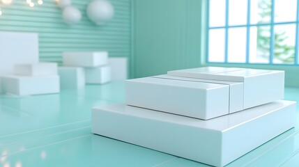 Poster - Minimalist Display of White Boxes in Contemporary Interior Space
