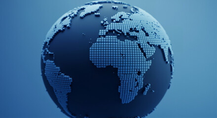 Poster - Globe digital globe with global network on blue background. Digital globe shows continents made of cubes. Globe is a conceptual representation of global network