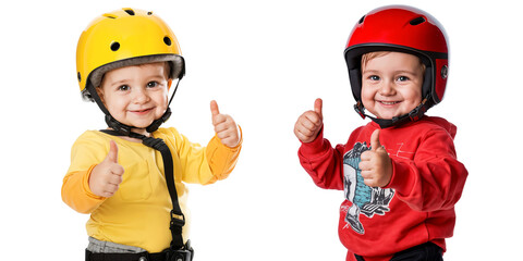 Poster - Portrait of two smiling little boys with helmet and showing thumbs up, isolated on transparent background