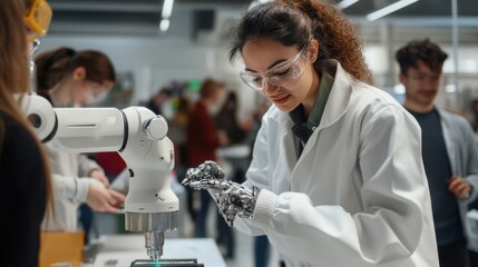 Aufkleber - A woman in a lab coat is working with a robot