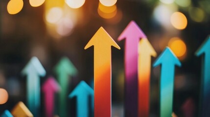 Poster - Colorful upward arrows in a vibrant background with blurred lights, symbolizing growth and progress