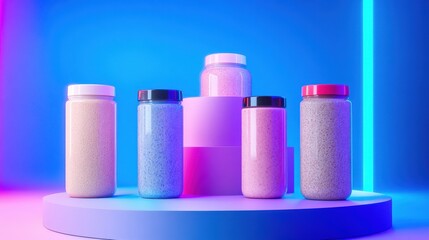 Poster - Colorful jars of various textures displayed on pastel platforms under vibrant lighting