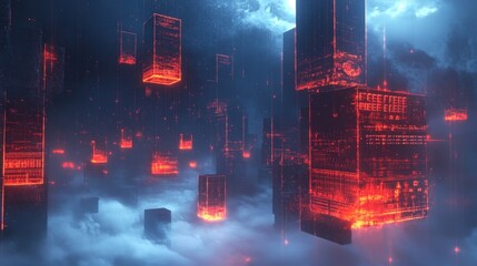 Poster - Glowing red server blocks are transferring data in a futuristic cityscape above the clouds, representing the concept of cloud computing and cybersecurity in a digital age