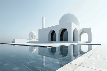 Aufkleber - Modern architectural structure reflected in calm water under a clear sky during daylight
