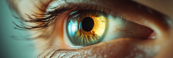 Poster - Extreme closeup of a human eye highlighting the intricate details of the iris, pupil, and surrounding eyelashes, creating a captivating image suitable for healthcare and beauty concepts