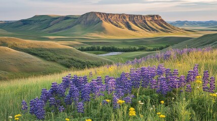 Poster - Wild grassland filled with purple and yellow wildflowers, soft sunlight enhancing the scene.