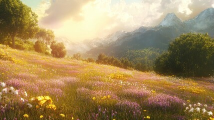 Poster - Wild grassland filled with purple and yellow wildflowers, soft sunlight enhancing the scene.