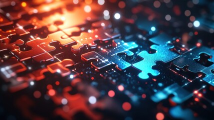 Poster - Colorful metallic puzzle pieces interlocked on a dark background with glowing lights