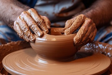 Poster - Potter shaping clay bowl on wheel during sunny outdoor workshop in rural area in the afternoon