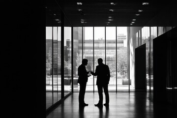 Aufkleber - Business professionals engage in a discussion inside a modern office with large windows overlooking a cityscape at sunset