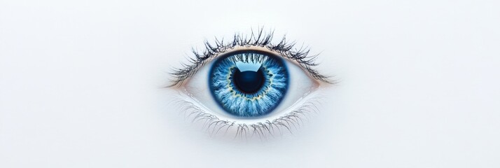Poster - Close up of a bright blue human eye, showcasing the intricate details of the iris, pupil, and surrounding eyelashes, set against a clean white background, ideal for healthcare and beauty concepts