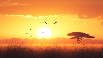 Poster - Warm sunlight illuminating the savanna at sunset, with birds soaring gracefully over a vast field of grass and an acacia tree standing prominently in the foreground