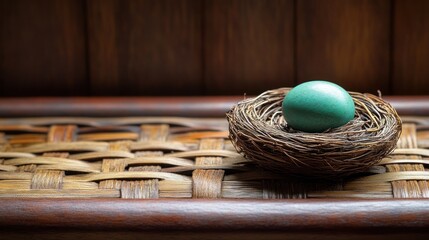 Wall Mural - Teal egg in nest on woven tray, wooden background