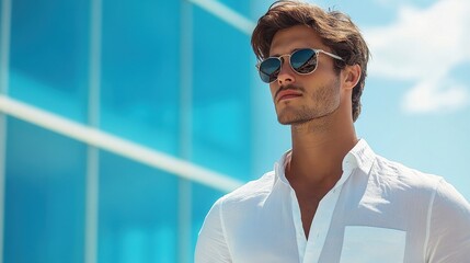 Poster - Stylish man wearing a hat and sunglasses stands confidently in front of a colorful urban backdrop during bright daylight