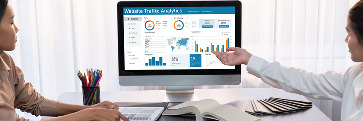 Poster - computer software for website traffic analytics data on computer screen. concept of seo search engin