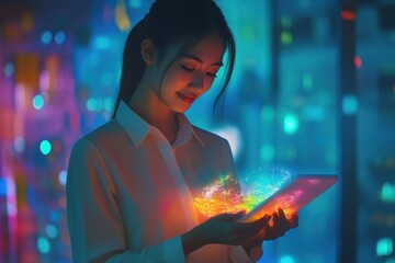 Poster - Young woman interacts with glowing tablet in vibrant, illuminated urban setting during nighttime, showcasing creativity and tech innovation