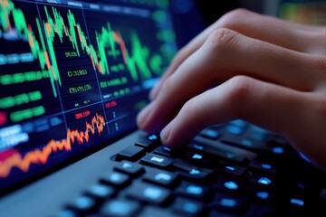 Poster - Person typing on a laptop with colorful graphs and data visible in a modern workspace during the day