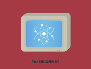 Poster - Quantum computer illustration with retro monitor displaying atom symbol. Concept of quantum computing, futuristic technology, data processing, advanced computation and next-gen computing systems