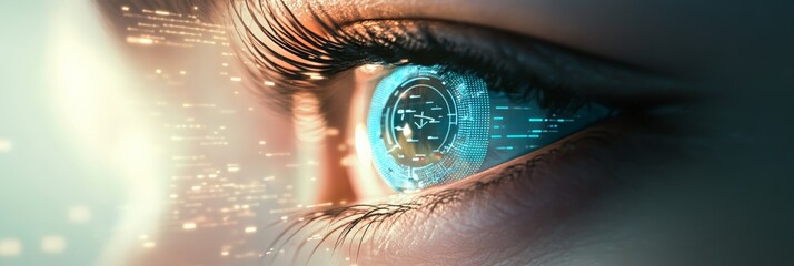 Poster - Close up of a woman's eye with a futuristic digital interface, suggesting enhanced vision and advanced data analysis capabilities in a technological and innovative context