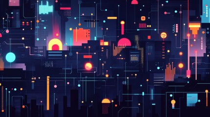 Poster - Abstract digital cityscape with vibrant colors and geometric patterns, depicting a futuristic skyline