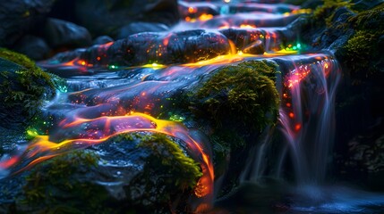 Poster - Low-angle shot of glowing waterfalls cascading over lush mossy rocks, cinematic natural grandeur