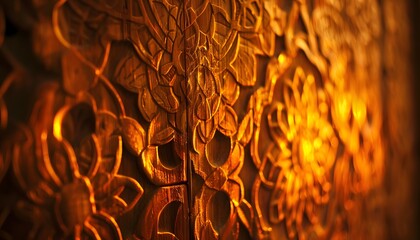 Poster - Close-up of glowing intricate patterns carved into a wooden door, illuminated by warm ambient light, cinematic cultural richness