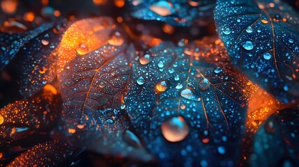 Poster - Close-up of glowing raindrops on vibrant leaves, illuminated by soft natural light, cinematic intricate natural detail