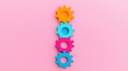 Poster - Colorful interlocking gears stacked vertically on a vibrant pink background, symbolizing teamwork
