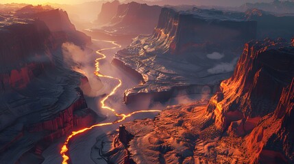 Poster - Aerial view of glowing canyon rivers cutting through red rock formations, cinematic dramatic natural beauty