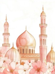 Poster - Watercolor Illustration of a Pink and Gold Mosque with Delicate Flowers