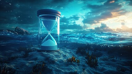Poster - Ethereal hourglass floating amidst ocean waves at sunset surreal art composition tranquil seascape dreamlike atmosphere