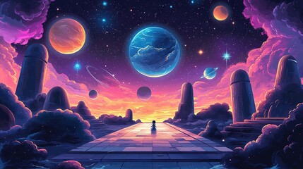 Wall Mural - Stargazing journey cosmic landscape digital art celestial environment wide-angle view galactic exploration