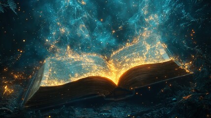 Poster - Magical book opening enchanted forest fantasy artwork mystical atmosphere close-up view imagination unleashed