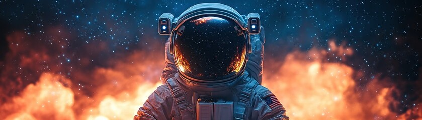 Poster - Astronaut in space encountering cosmic flames outer space digital art sci-fi environment front view adventure