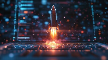 Poster - Rocket launching from keyboard digital workspace technology concept futuristic environment close-up view
