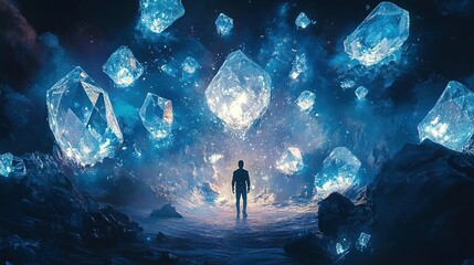 Poster - Mystical encounter with crystals enchanted cave digital art futuristic wide angle imagination unleashed