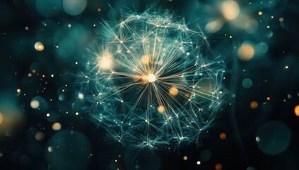 Poster - Abstract representation of a luminous dandelion seed structure with fine filaments and sparkling lights set against a dark blurred background