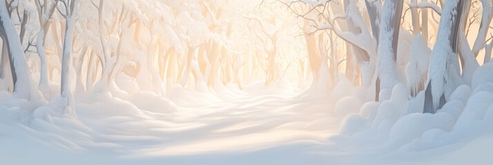 Poster - Sunlight filtering through snow covered trees creates a magical atmosphere along a tranquil forest road, inviting peaceful moments on a bright winter day