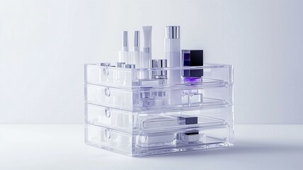 Wall Mural - Photorealistic image of a transparent acrylic cosmetic organizer with drawers, isolated on a white background
