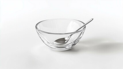 Wall Mural - Photorealistic image of a transparent glass sugar bowl with a small spoon, isolated on a white background
