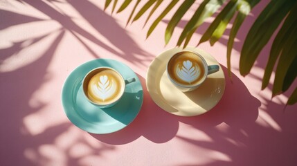 Wall Mural - Two beautifully crafted lattes with leaf patterns on pink and yellow plates, surrounded by palm shadows