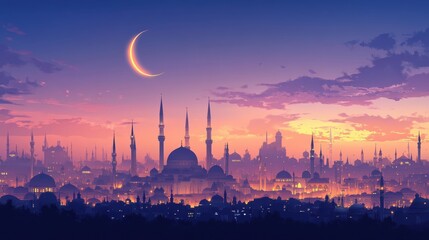 Serene Cityscape at Dusk with Crescent Moon Over Historic Skyline