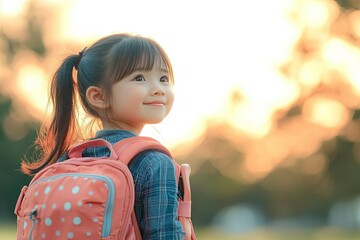 High Resolution Picture of Cute Asian Child with School Backpack